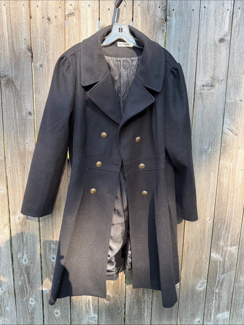 Grace Karin Black Double-Breasted Pea Coat with Gold Buttons
